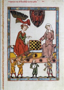La partie d'chess, Satranç oynayan iki genç, müzik çalan ozanların altında - 15. yüzyıldan kalma bir el yazmasından çizilmiş minyatür - Paris, BN - Satranç Oyunu (Satranç oynayan bir çift, müzisyenlerle çevrili) - Kuyuda minyatür resim by Unknown artist