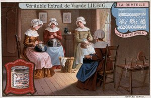 Dantel atölyesi, Valenciennes, Liebig reklam v. 1895 by Unknown artist