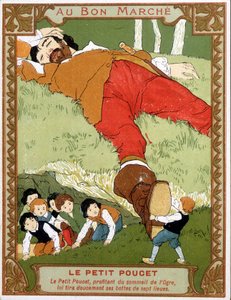 Le Petite Poucet, yedi liglik botlarını assoupi ogre