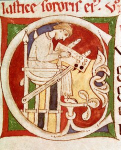 C harfi, bir masanın üzerine bir keşiş yazısıyla süslenmiştir. “” Vitae sanctorum”dan (Azizlerin Yaşamı) minyatür 12. yüzyıl Coimbre, üniversite kütüphanesi by Unknown artist