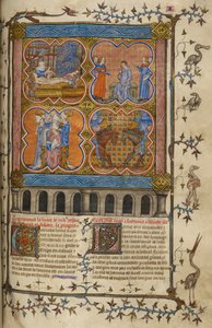 Julius Caesar'ın Hayatı: doğumunu, boşanmasını, vasiyetini ve Pompey ile kavgasını gösteren dört minyatür; süslü baş harfleri olan metin ve kuşlar ve grotesklerle sınır. by Unknown artist