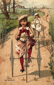 Küçük kızlar üç tekerlekli bisiklet yapıyor. 1890 civarında kromolitografi. by Unknown artist