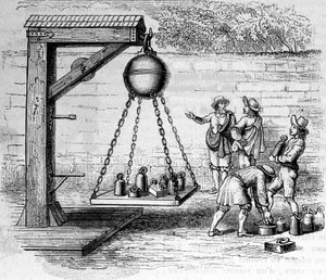 Atmosferik basıncı hesaplamak için askıya alınan Magdeburg yarım küreleri yükleniyor - Otto von Guericke (Otto de Guericke) tarafından “Ottonis de Guericke: Experimenta Nova Magdeburgica de vacuo spatio”” by Unknown artist