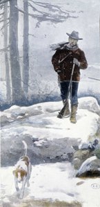 19. yüzyılın sonlarında karlı bir manzarada köpeği olan yalnız avcı by Unknown artist
