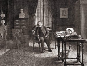 Louis Pasteur enstitüdeki ofisinde. 19. yüzyıl gravürü. by Unknown artist