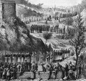 Lourdes 1864: Mary Immaculee heykelinin açılışı için mağaraya geçit töreni. by Unknown artist