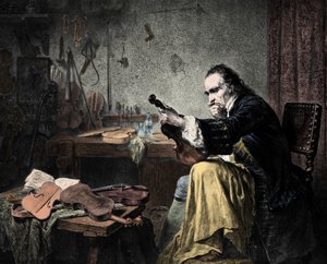 Luthier Stradivarius (Antonio Stradivari) (1644-1737) atölyesinde. Hammann.Keman Tasarımcısı Antonio Stradivari (Strdivarius) tarafından iş yerinde gravür. by Unknown artist