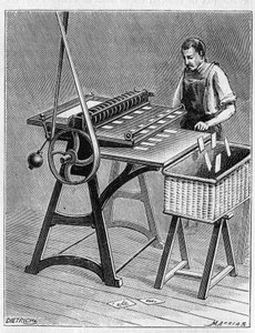 Eski yöntemlerle oynamak için kartlar yapmak. Oyun kartlarının dekupajı. 1893 tarihli gravür. by Unknown artist