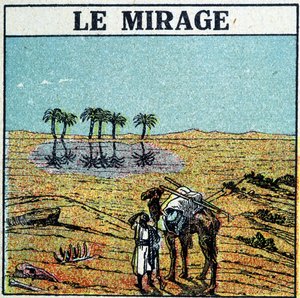 Çöldeki adam, devesiyle bir serapla karşı karşıya. by Unknown artist