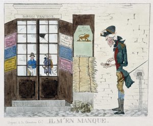 Yemek dükkanının önünde kuruşsuz adam - gravür by Unknown artist