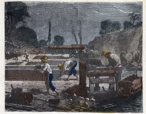 19. yüzyılda tuğla imalatı: kalıp işçisi kalıbını kil macunu ile doldurur, ardından çırak tuğlayı kuruması için yere bırakır. 19. yüzyılın sonlarında gravür. by Unknown artist