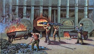 Aydınlatma gazı imalatı, cornu delutor. 19. yüzyılın sonunun kromolitografisi by Unknown artist