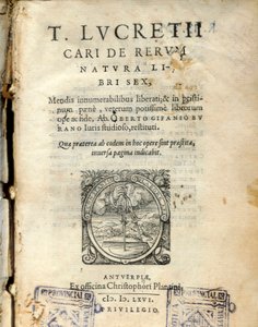 Latin filozof Lucrece (Titus Lucretius Carus) (MÖ 98-55) 1564'ün "De natura rerum" (Doğadan) kitabının 6. cildinin el yazması sayfası by Unknown artist
