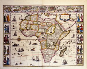 William Blaeu'nun Atlas'ından Afrika Haritası. En üstte Tangier, ceuta, Cezayir, Tunus, İskenderiye, Alcair, Mozambik, Saint Georges de la Mina, Kanarya Adaları şehirleri var. Afrika, Mascareignes Adaları, Mada dışında da çeşitli adalar temsil edil by Unknown artist