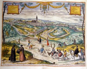 1590 yılındaki Sevilla şehrinin haritası. Resmin sağ alt köşesinde, köy halkı eşeğine binmiş bir boynuzlu erkekle dalga geçiyor. by Unknown artist