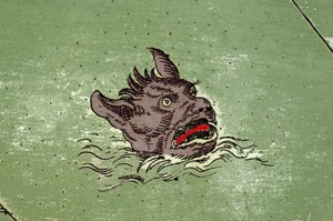 Şeytan başlı deniz canavarı. Urbano Monte atlasının bir haritasının detayı by Unknown artist