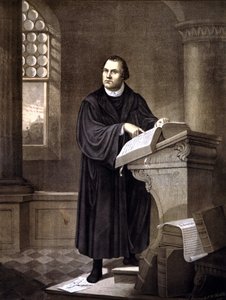 Martin Luther (1483 - 1546) bir kilisede okuyor. by Unknown artist