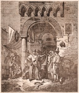 Tüccar bir tencerede makarna pişiriyor, İtalyan sahnesi (gravür) by Unknown artist