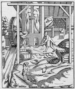 Hidrolik motorla çalışan metal fırın üfleyici. Sebastien Munster tarafından “Cosmographie” (1555) de yayınlanan bir gravürün Fac simile (Fac-simile). Gravür “” La Nature: revue des sciences et de leurs apps aux arts et a l