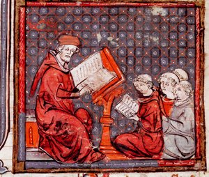 Orta Çağ: “” Felsefe sınıfı, öğretmen ve öğrencileri””” “Grandes Chronicles de France”dan alınan minyatür” 1375-1379 Belediye Kütüphanesi, Castres by Unknown artist