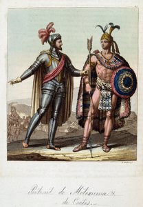Montezuma II, Aztek kralı ve Hernan (veya Hernando) Cortes veya Fernand Cortez (1485-1547), İspanyol fatihi - Ferrario