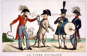 Napolyon, bir İngiliz subayı tarafından kamçıyla tutulan zincirlenmiş bir kaplanda. Rusya ve Avusturya yan tarafta müzik çalıyor. Çizgi film 1815. by Unknown artist