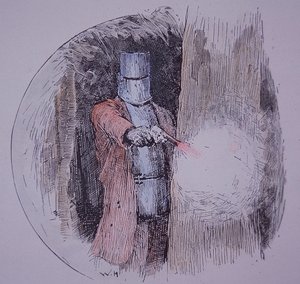 Ned Kelly ev yapımı zırhını giyiyor, polisle karşı karşıya geliyor (el renkli gravür) by Unknown artist