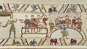 Norman hizmetçileri William için bir ziyafet hazırlar ve Piskopos Odo yemeği kutsar, Bayeux Goblen (keten üzerine yün işlemesi) by Unknown artist