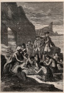 Bunlardan biri dişlerle ayrıldı: Magellan Detroit adalarından birinde Amiral Yardımcısı John Byron (1723-1786) - Fuegians (Tierra del Fuego sakinleri) dişleriyle yırtılmış ve taşlaşmış bir balinayı ayırıyor sahilde - hasta by Unknown artist