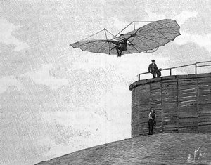 Alman havacılık öncüsü Otto Lilienthal (1848-1896), uçan uçağıyla ahşap kulesinden atlıyor (anlık bir fotoğraftan). 3 Şubat tarihli “” La Nature: revue des sciences et de leurs apps aux arts et a l