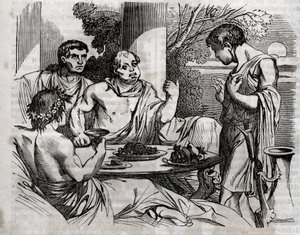 Açık hava ziyafet sahnesi - Vitellius (Aulus Vitellius Germanicus Imperator Augustus) Roma imparatoru (15-69) bir şölen veriyor - “” Evrensel Sağlık - Aileler için Tıbbi Rehber” de gravür 1852 by Unknown artist