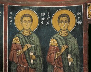 Aziz Damian, Panagia Bağları Asinou Kilisesi, Nikitart, Kıbrıs ile St. Cosmas Resimleri by Unknown artist