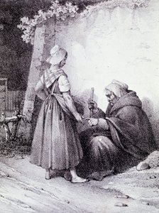 El falı: yaşlı bir falcı genç bir kızın elini okur (Gravür) by Unknown artist