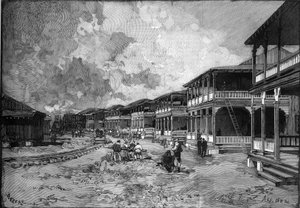 Panama Kanalı. Yeni Kristof Kolomb a Colon şehrinin caddesi: işçi konutları. “” Le Monde Illustré” de gravür by Unknown artist