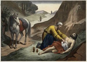 İyi Samiriyeli benzetmesi - İyi Samiriyeli benzetmesi: Samiriyeli, ölmekte olan adamı kurtarmak için yolda durdu. 19. yüzyılın ortalarından anonim gravür. by Unknown artist