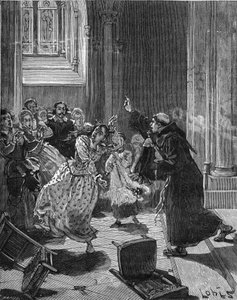 Paris, Sainte Genevieve Kilisesi (Sainte-Genevieve) (1599): Şeytan tarafından ele geçirildiğini iddia eden Martha adındaki bir kadını kovmaya çalışan bir Capuchin keşişi. 19. yüzyılın gravürü. Jules Michelet