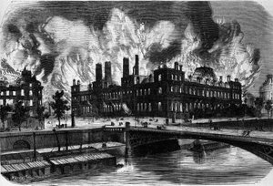Paris, Komün. Hotel de Ville'in 24 Mayıs 1871'deki yangını. 19. yüzyılın gravürü. by Unknown artist