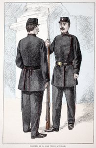 Barış Muhafızları (Lepin dönemi). Renklerle gravür, illüstrasyon için, Seine polisi Louis Lepine (1846-1933) himayesinde, Alfred Rey (1864-?) ve Louis Feron (1862) tarafından yayınlanan “Barış Gücü Kolordu Tarihi”” kitabı - by Unknown artist