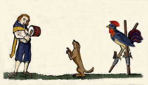 Evcil hayvanlar eğitilir: bir köpek ve bir horoz, davulun ritmine göre hareketsiz görüntüler üzerinde dans eder. Oxford Bodleian kütüphanesinden 1344 tarihli bir el yazmasından gravür. by Unknown artist