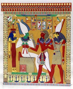 Firavun Merenptah 1 (veya Mineptah, Merneptah) (MÖ 1213-1204), Osiris ve Athyr cehenneminin huzurunda Horus tarafından yönlendirilir. Soldan: Athyr, Osiris, Merenptah I ve Horus. (Biban-el-Moluk) - Ippolito Rosel