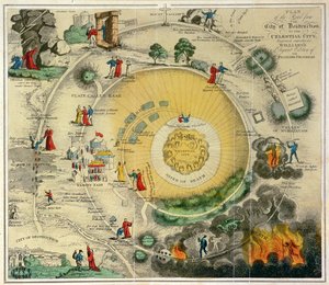 "Yıkım Şehri'nden Göksel Şehir'e Giden Yolun Planı, Williams'ın The Pilgrim's Progress'in Zarif Baskısı için özel olarak oyulmuş" by Unknown artist
