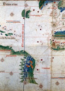 Cantino Planisphere: Tordesillas Antlaşması (1494) tarafından Portekiz ve İspanyol Amerikası arasında empoze edilen sınır çizgisini temsil eden 1502