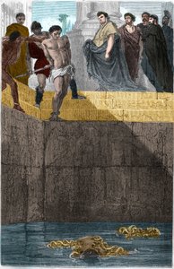 Pollion Vedius, Roma gastronomu, kölelerine karşı zulmüyle ünlü. Onları yakalamak için canlı canlı mürenlerine atardı. Bir gün Augustus (Caius Octavius Thurinus) evinde yemek yiyordu, bu yüzden bir köleyi çökeltmekten suçlu buldu. by Unknown artist