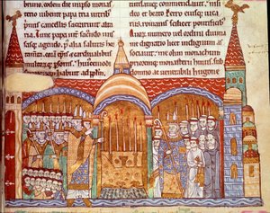 Papa II. Urban (1042-1099) Cluny Manastırı sunağının önünde. Cluny manastırını ayrıcalıkları ve mülkleri bakımından doğruladı ve Hughes manastırına 1088