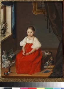 ""Oyuncaklarının arasında poz veren kırmızı elbiseli küçük bir kızın portresi" (Oyuncaklarla kırmızı sarafanlı bir kızın portresi) 1840 civarında anonim resim Sanat ve pedagojik oyuncak müzesi, Sergiyev Posad by Unknown artist