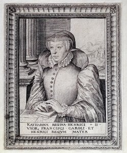 Fransa Kraliçesi Catherine de Medicis'in (Caterina de Medici) (1519-1589) portresi. 16. yüzyılın gravürü. Pau, Musee Du Şatosu by Unknown artist