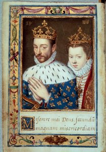 Kral Charles IX (1550-1574) ve Avusturya Elizabeth'in (1554-1592) portresi Fransa Kraliçesi "Caterina de Medicis'in Saatler Kitabı"nın (Caterina de Medici) el yazması sayfası 16. yüzyıl Paris, BN by Unknown artist