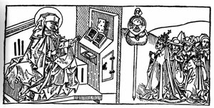İsveçli Aziz Brigitte'in Portresi (1103 - 1373). Voragine'li Jacobus (James) (1228-1298) tarafından yazılan “Azizlerin Yaşamları - yaz bölümü”nden (Azizin kitabı) gravür. Lübeck 1488. by Unknown artist