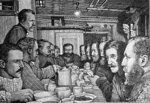 Norveçli kaşif Fridtjof Nansen'in (1861-1930), bilim adamı ve diplomatın portresi, 1897 civarında Fram gemisinin mürettebatına Kuzey Kutbu'na yaklaşma planını duyuruyor. Gravür by Unknown artist