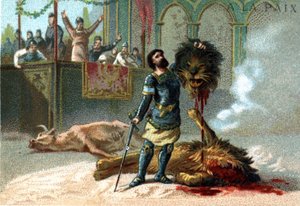 Frankların Kralı Pépin le Brief (715-768), 751 yılında taç giyme törenini kutlamak için verilen ziyafetlerde bir aslan ve bir boğayla dövüşür. by Unknown artist